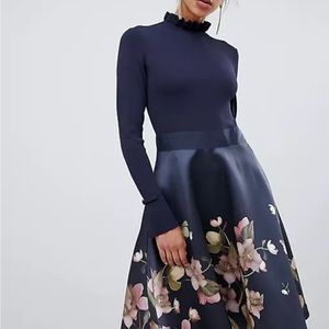 Ted Baker SEEMA Arboretum Long Sleeve Knitted Bodice Dress | Size 1 / Small